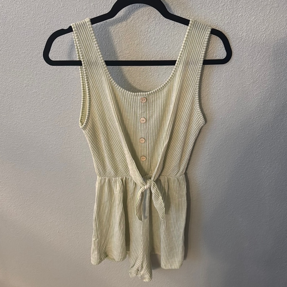 Sleeveless Green and White Romper with Button Detail